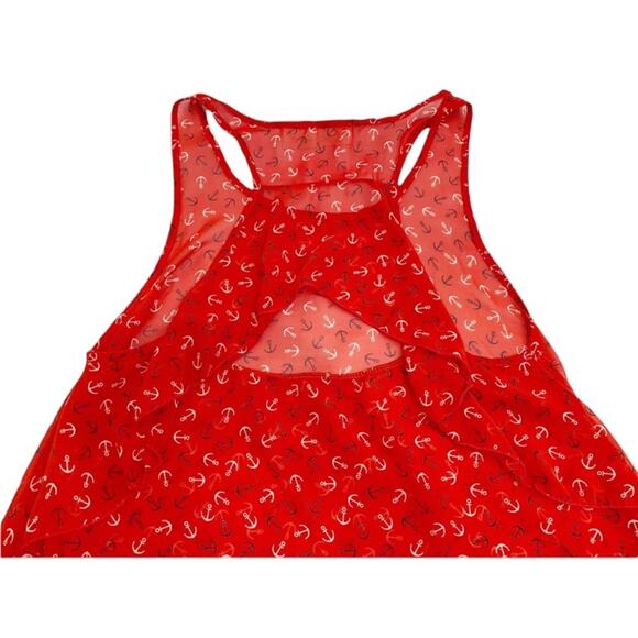 Vintage Havana Red White & Blue Sheer Anchor Print Ruffle Cut Out Back Top, M* - Picture 5 of 10